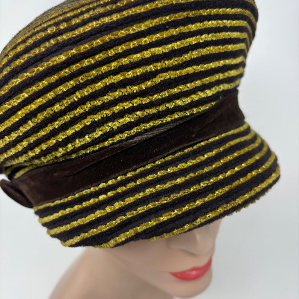 Vintage 50s Newsboy Hat Womens Striped Yellow Brown Knit Beret Cap - Picture 7 of 12